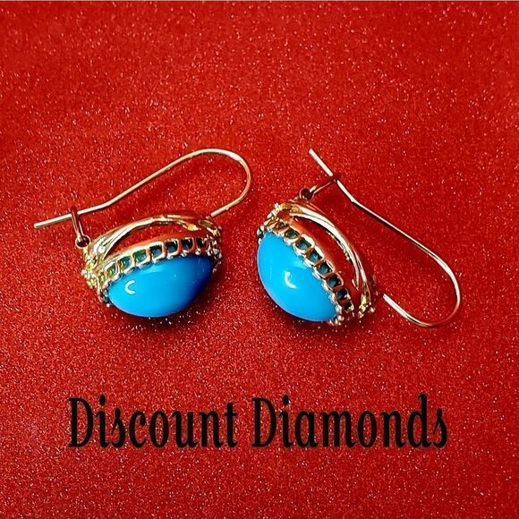Oval Blue Turquoise Dangle Earrings 14K  Gold on 925 Sterling Silver Women's - Picture 2 of 8